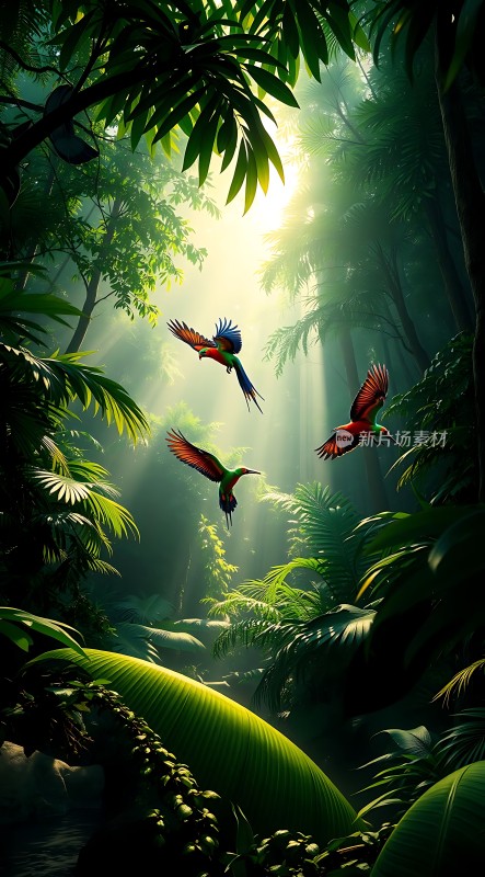 阳光下的热带雨林与飞翔的鸟儿