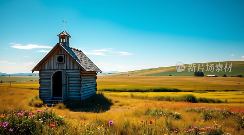 蓝天下的木屋与花海