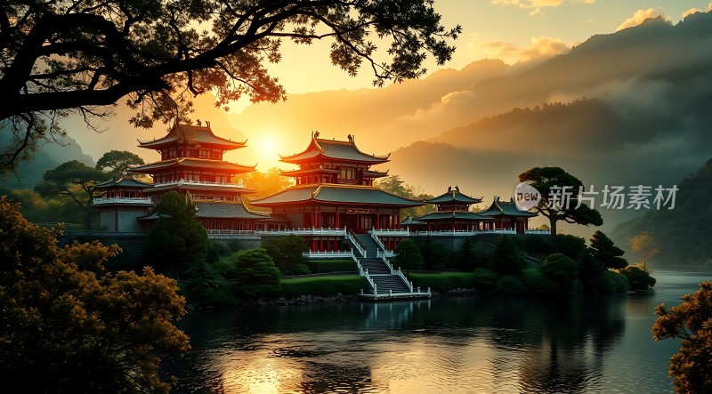 湖畔古建筑日落美景