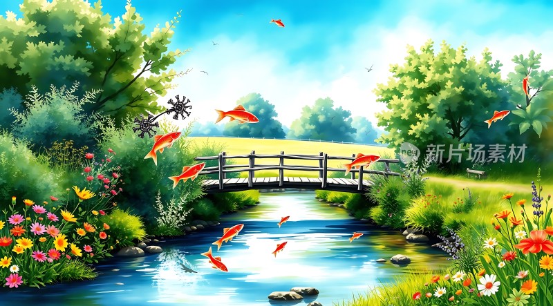 阳光下的鱼儿嬉戏小桥流水