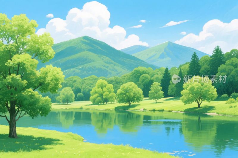 风景山水湖景插画