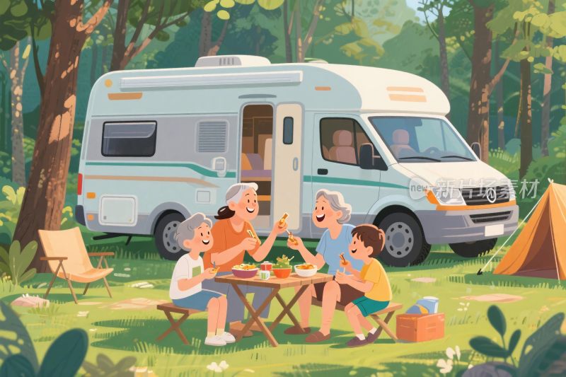 户外露营家庭野餐插画