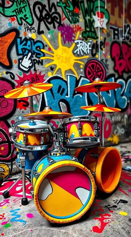 色彩斑斓的架子鼓与涂鸦墙