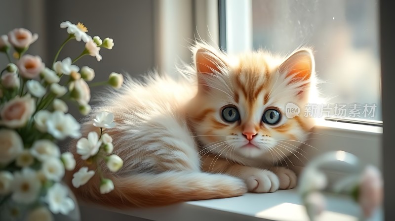 阳光下的橘猫与白色花朵