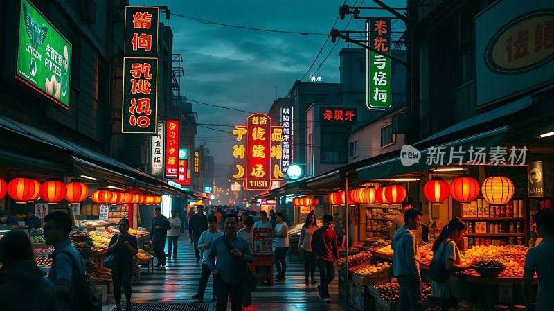 霓虹灯下的繁华夜市