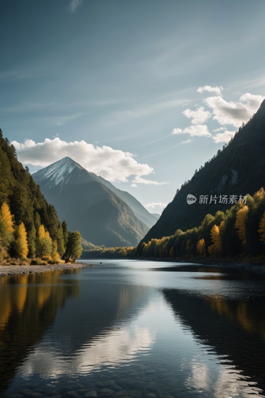 山倒映在树木繁茂的湖水中高清图片