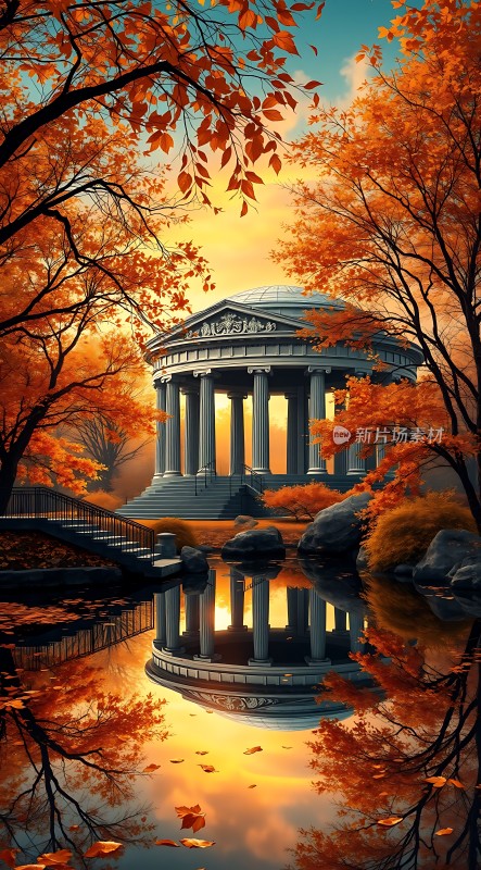 秋日古建筑倒影湖畔美景