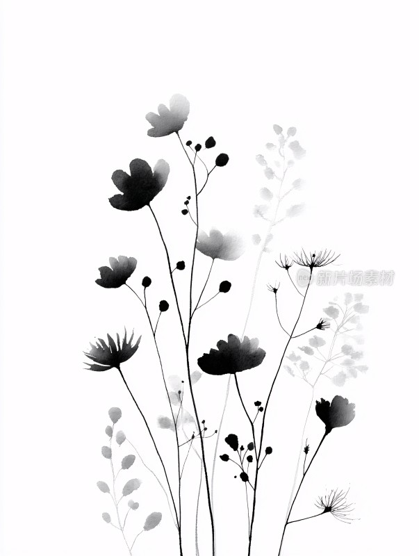 黑白花卉插画图案