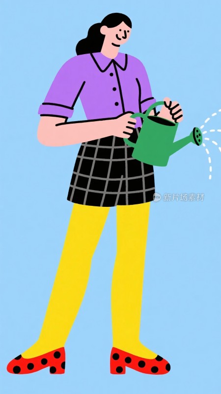 女孩手持喷壶浇水插画