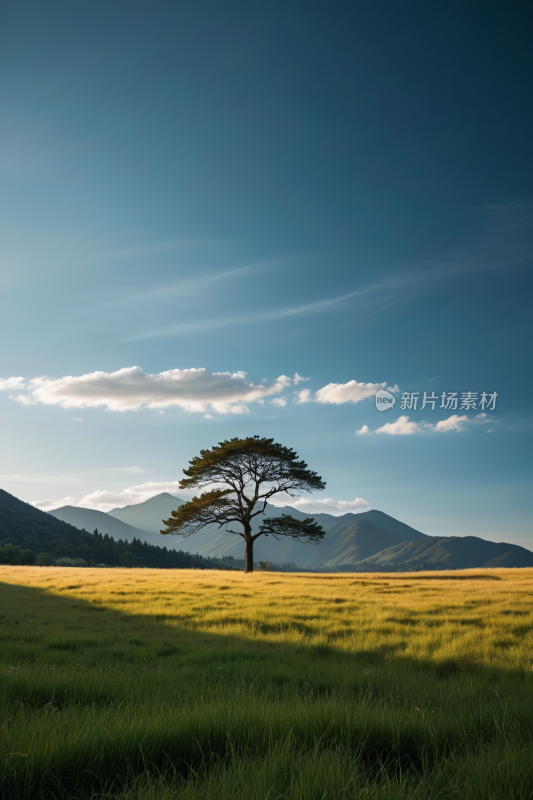 田野里一棵孤树山脉高清风景图片