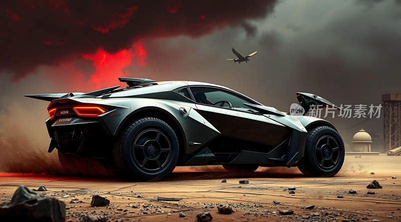 未来科技座驾黑色酷炫跑车红色天空下的速度与激情