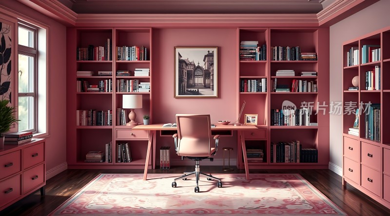 温馨书房粉色书架与地毯营造舒适阅读氛围
