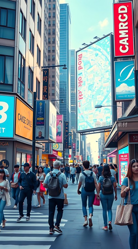 繁华都市街头行人熙攘高楼林立广告牌琳琅满目