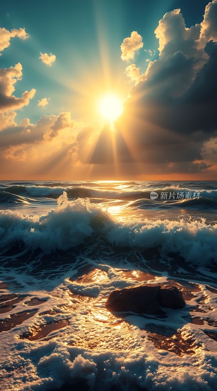 金色阳光下的海浪与岩石