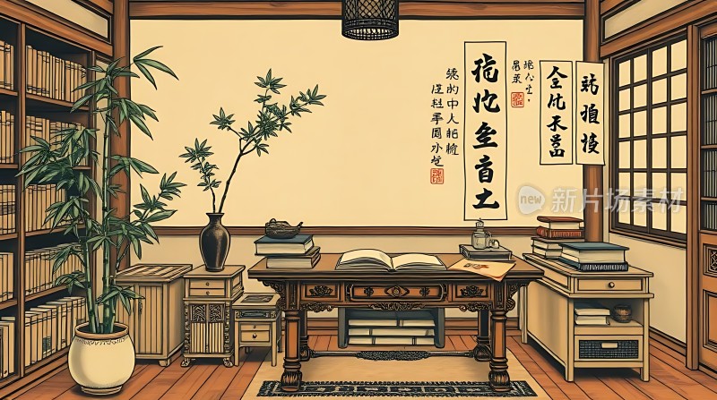 书桌上的竹子与书法