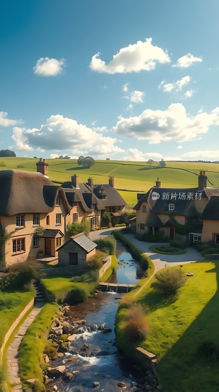 田园小溪旁的宁静乡村