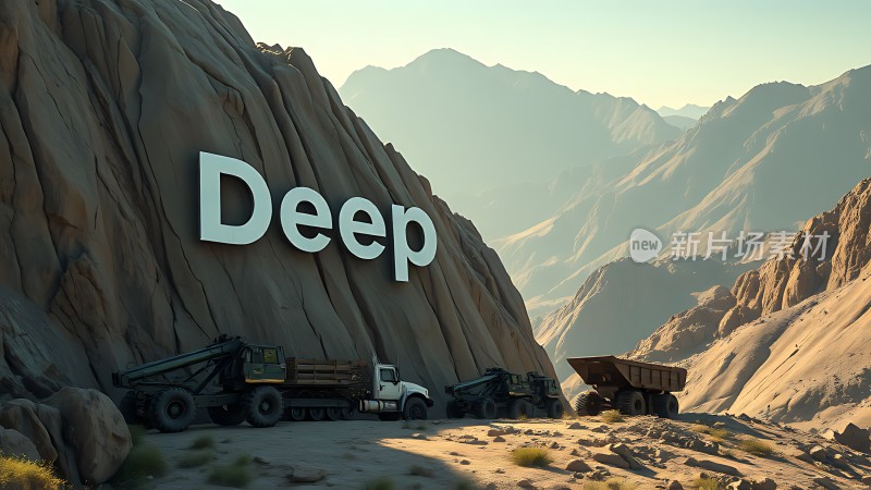 深山巨石上的“Deep”字样与矿山卡车