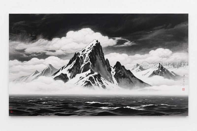 黑白雪山海景画