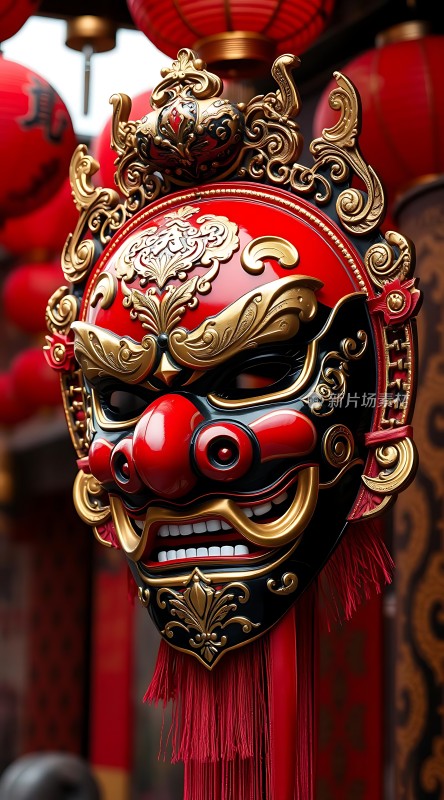 红色面具配金色花纹背景有红灯笼