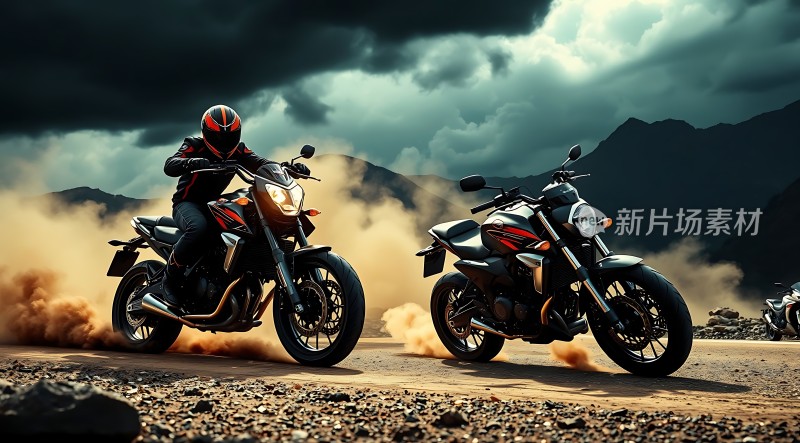 风驰电掣摩托车手在暴风雨中疾驰