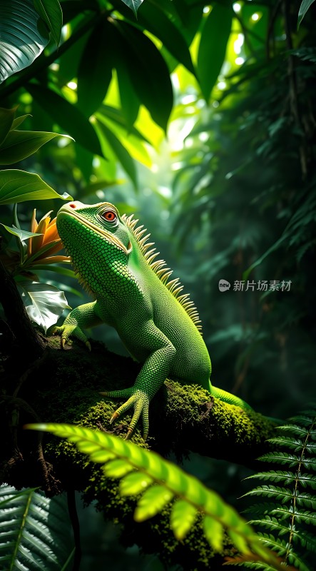 翠绿蜥蜴在丛林中探出头