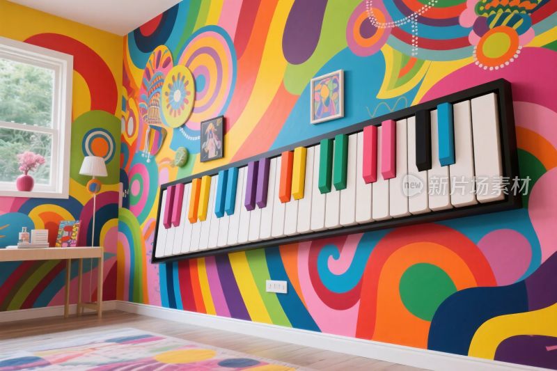 彩色创意墙面与钢琴装饰