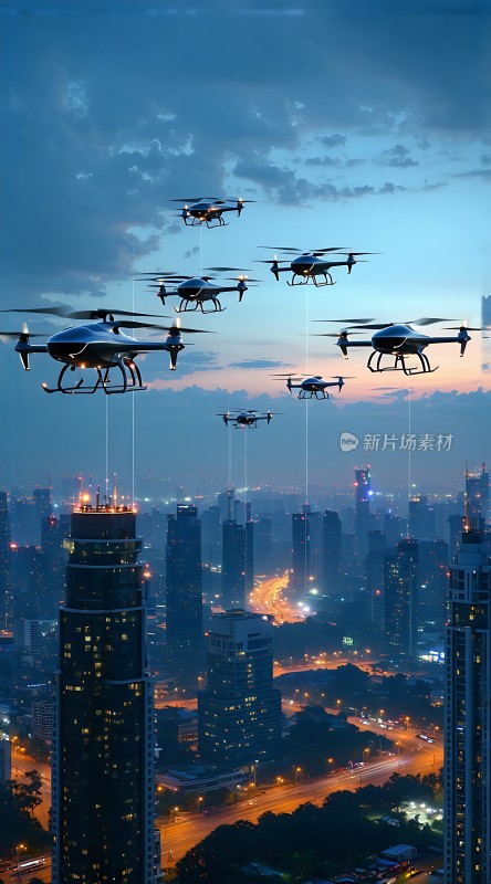 无人机编队飞越城市夜景