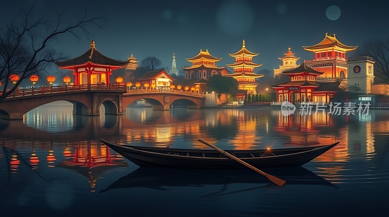 古桥夜色映水乡