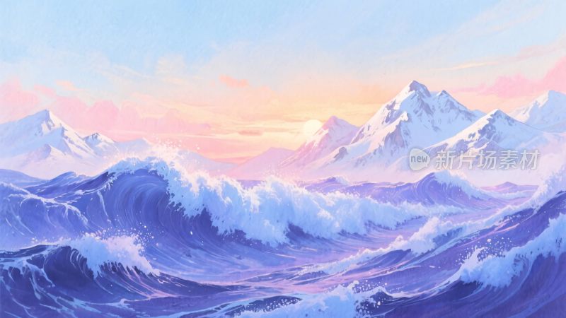 海浪与雪山的梦幻风景