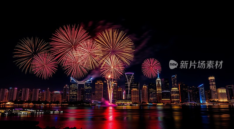 烟花绚烂夜空下的璀璨都市