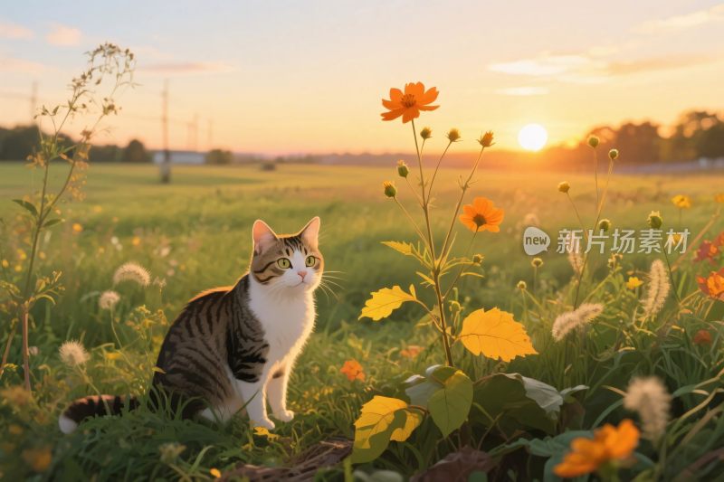 田野中猫咪沐浴夕阳美景