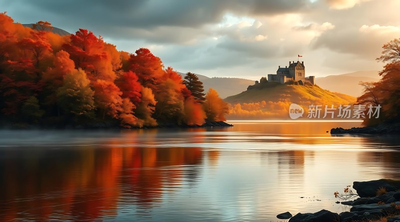 秋日湖畔古堡映红叶
