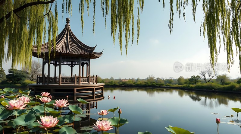 湖畔凉亭映荷花