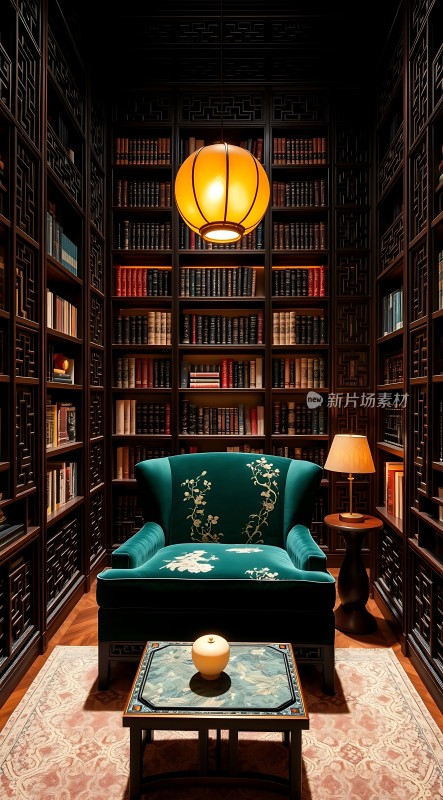 古色古香书房绿椅书架交相辉映