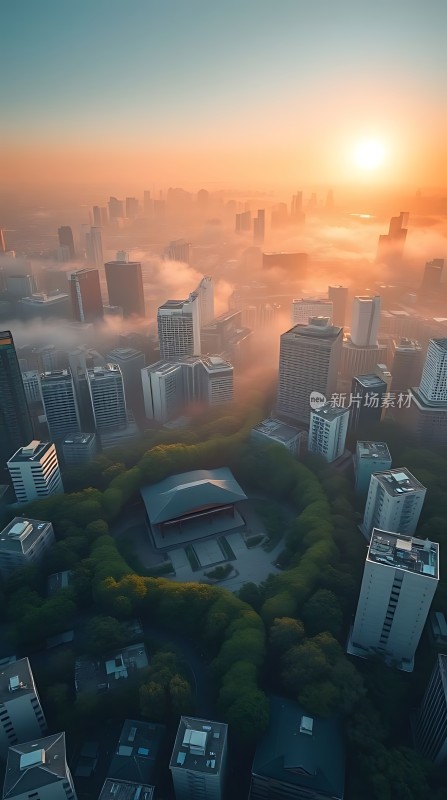 城市日出绿树环绕的建筑群