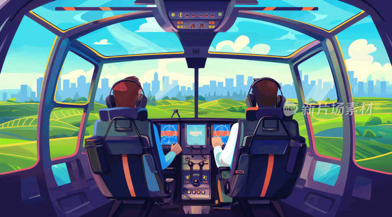 从直升机驾驶室看出去的自然和城市风光