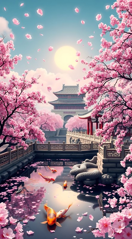 春日樱花映水阁金鲤戏波池中游