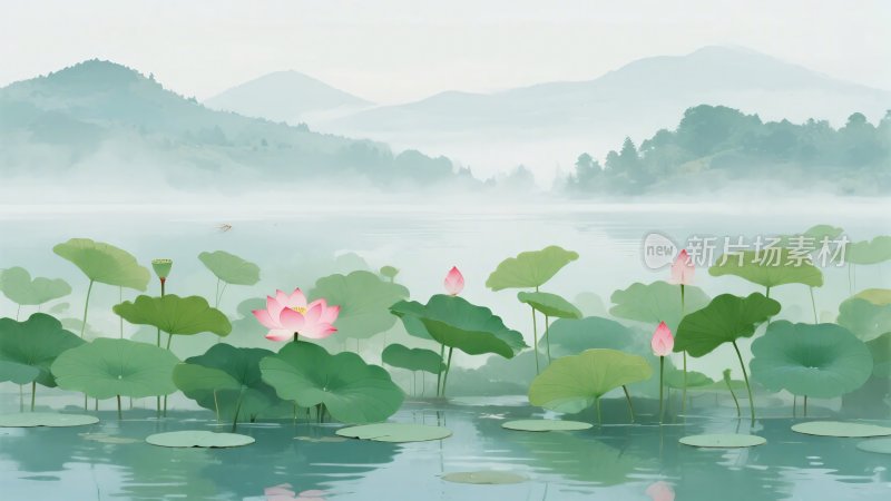 水墨风荷塘山水插画