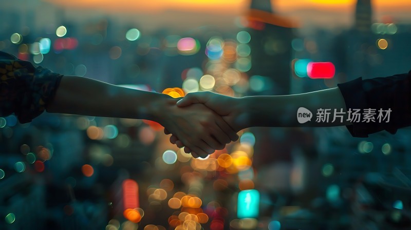 城市夜景下的握手合作