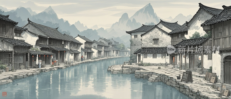 江南水乡，徽州民居古建筑，水墨画