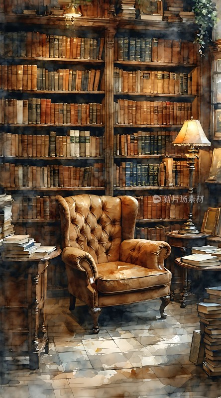古色古香书房棕色皮椅与书架