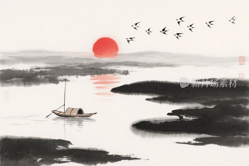 水墨山水小船图