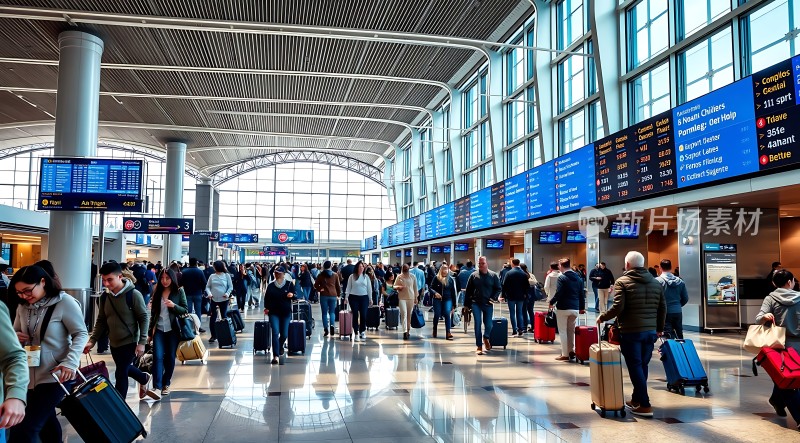 繁忙机场候机大厅旅客们拖着行李箱排队等待登机