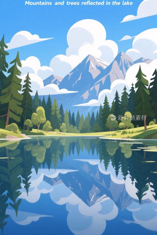 山水湖景风景插画