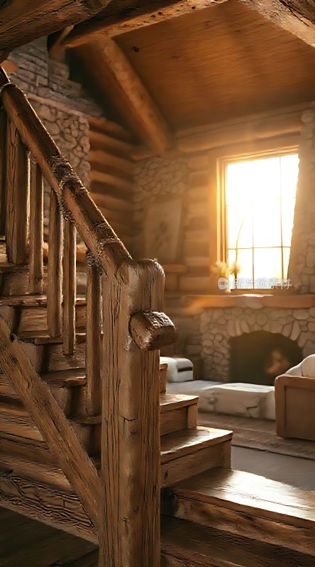 阳光下的木屋内部