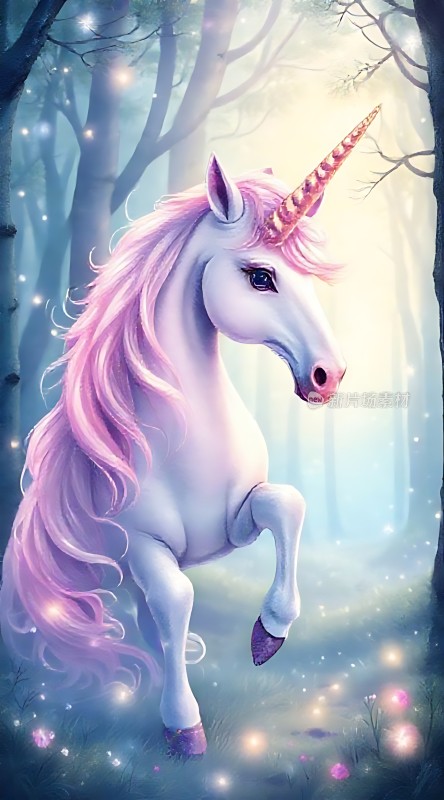 粉发独角兽在梦幻森林中奔跑