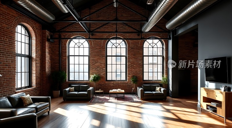 工业风大窗户客厅阳光洒落砖墙木地板沙发电视柜绿植组合