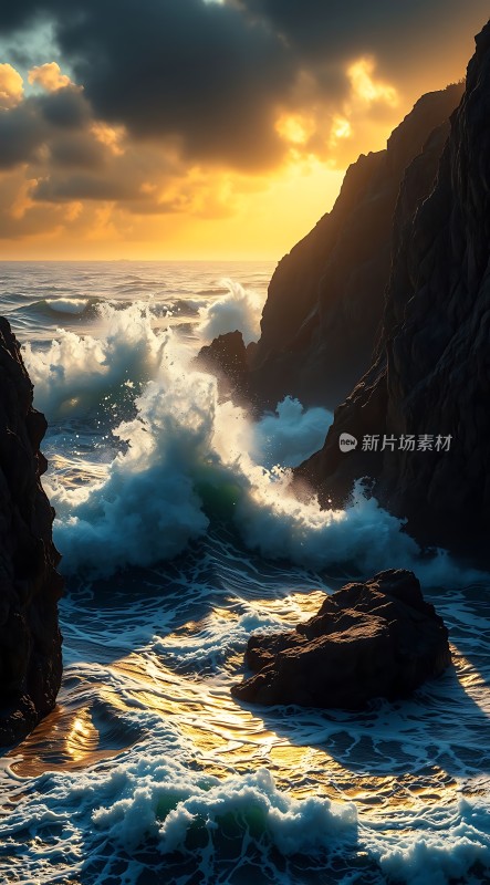 日落时分的海浪与岩石