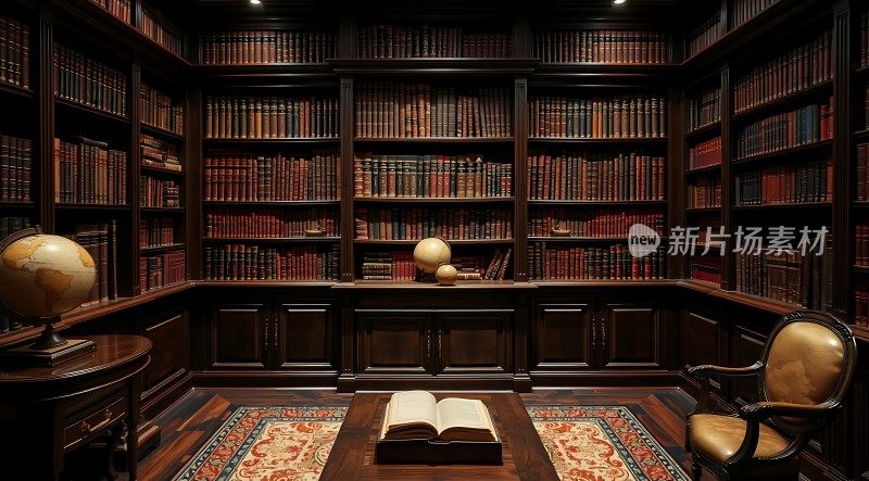 古色古香书房书架、地球仪、椅子和地毯