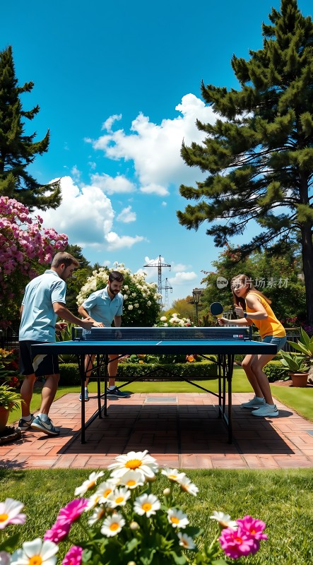 阳光下的花园里三位朋友在打乒乓球